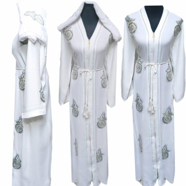 Luxury Women White Embroidery Stones Work Abaya jalabiya