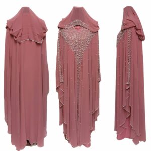 Luxury Pink Women Abaya Farasha Jalabiya Arab Long Dress With Stone Work