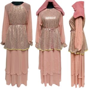 Luxury Peach Women Sequin Abaya Farasha Jalabiya Arab Long Dress