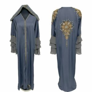 Luxury Grey Women Stone Work Abaya Farasha Jalabiya Arab Long Dress