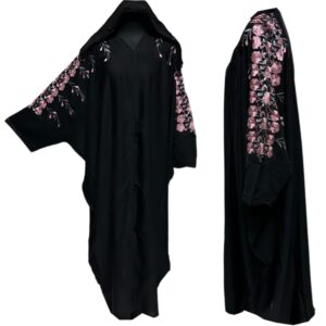 Black Batwing Abaya Farasha Jalabiya Arab Dress with Embroidery