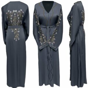 Grey Modest Women Embroidery Abaya Farasha Jalabiya Arab Dress